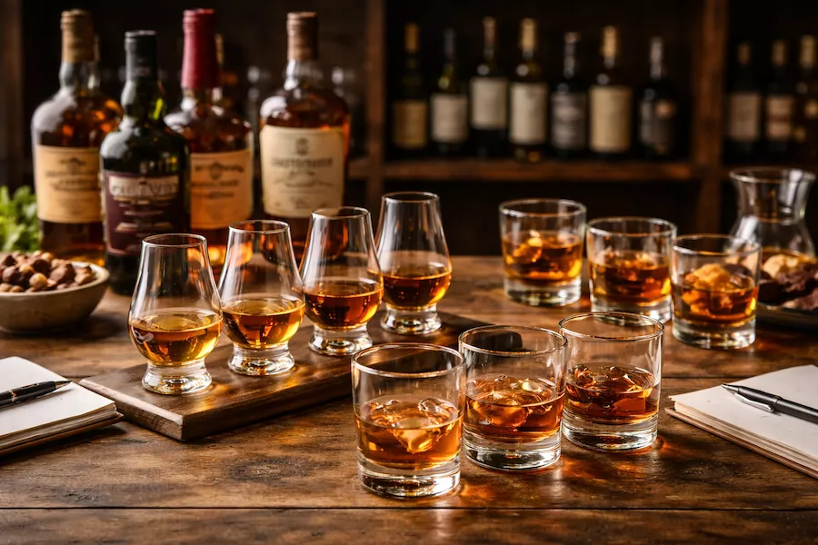 Whiskyglas med bourbon och single malt på ett provningsbord